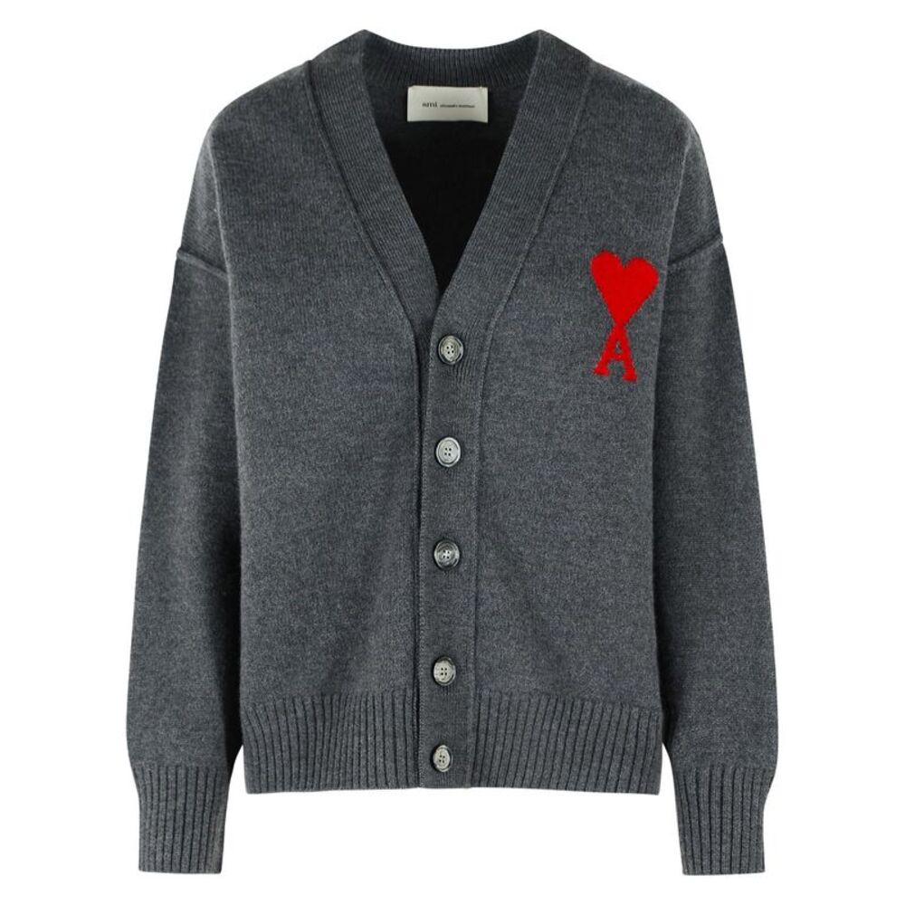 Ami Paris 'Ami De Cœur' Grey Wool Cardigan Women